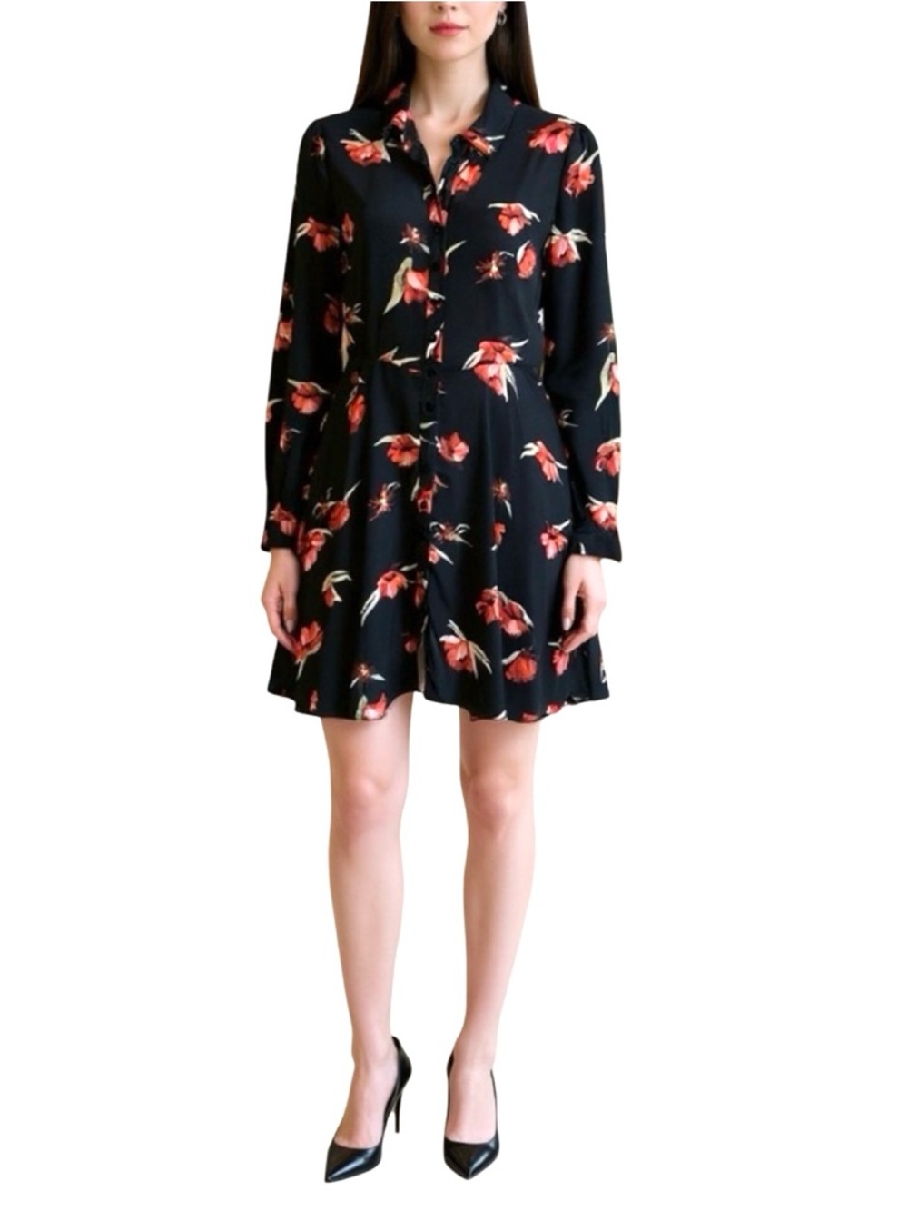 Zara Dolly Black & Red Poppies Dress Fit and Flare Long Sleeve Shirt Dress XS - Picture 6 of 12